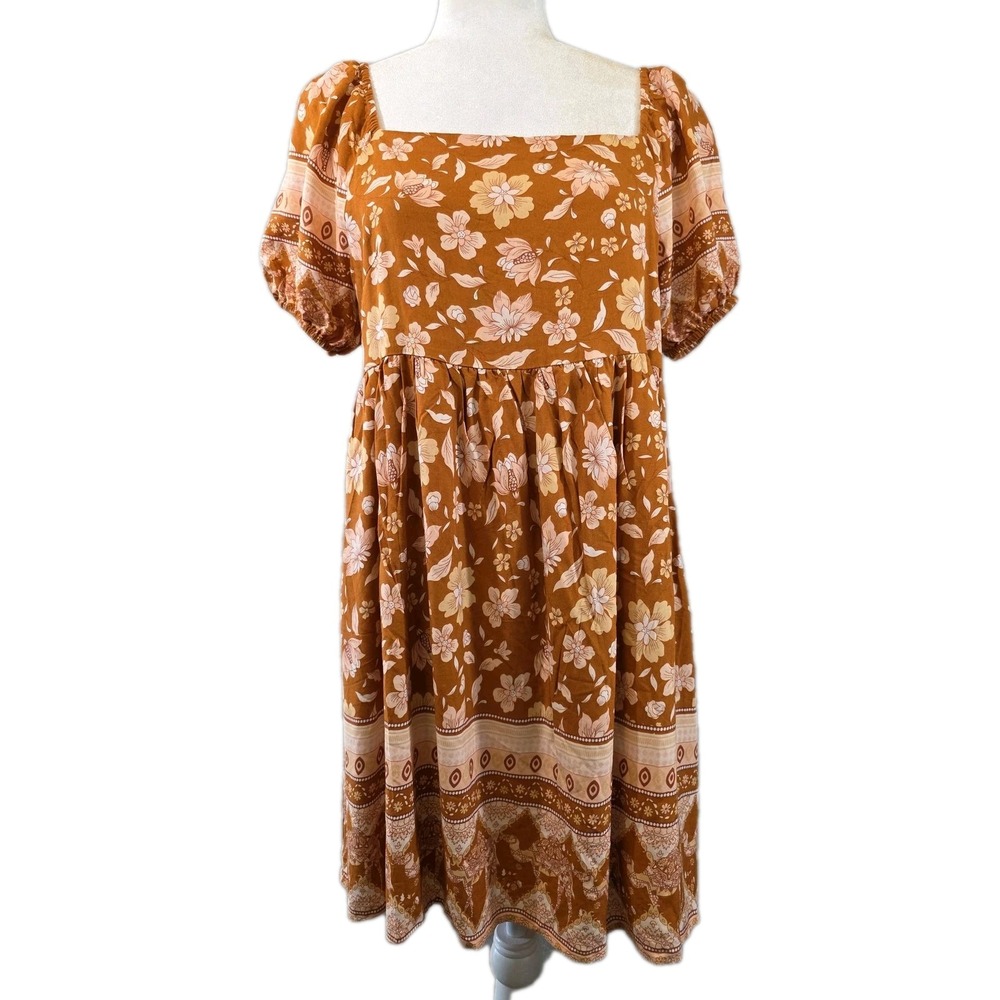 Pink Lily Dress Womens Medium Rust Floral Babydoll Mini Puff Sleeve Square Neck